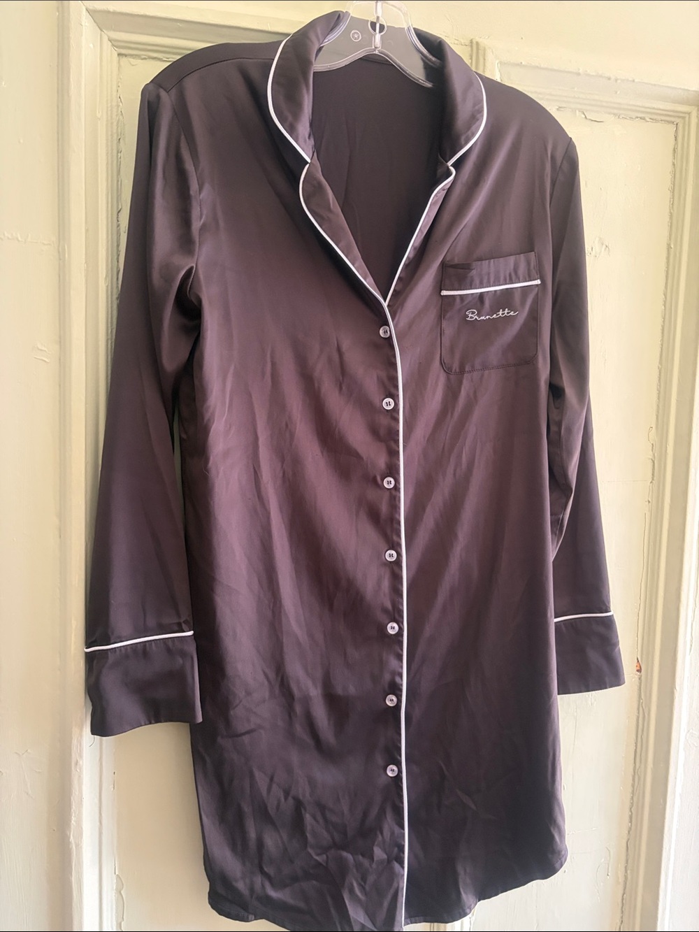 Brunette the label Black Satin Pajama Button-Down Nightshirt with White Piping